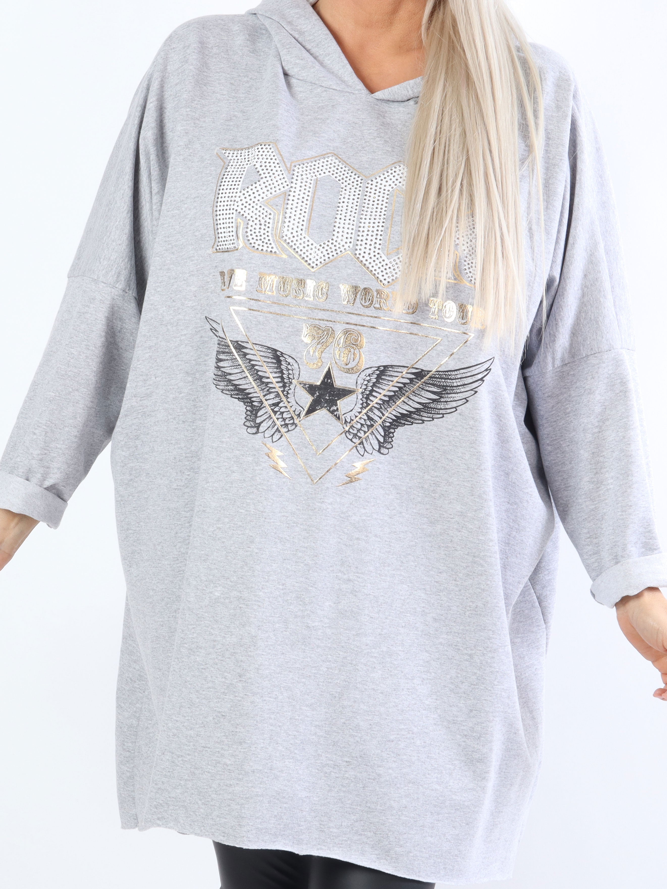 Rock - Cool klänning i stora storlekar med huva och text